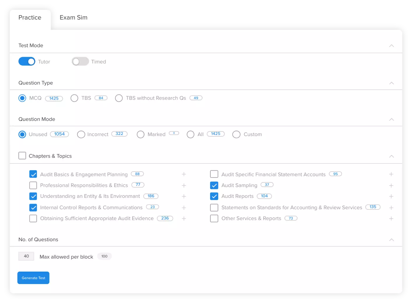 UWorld CPA QBank question selector screen